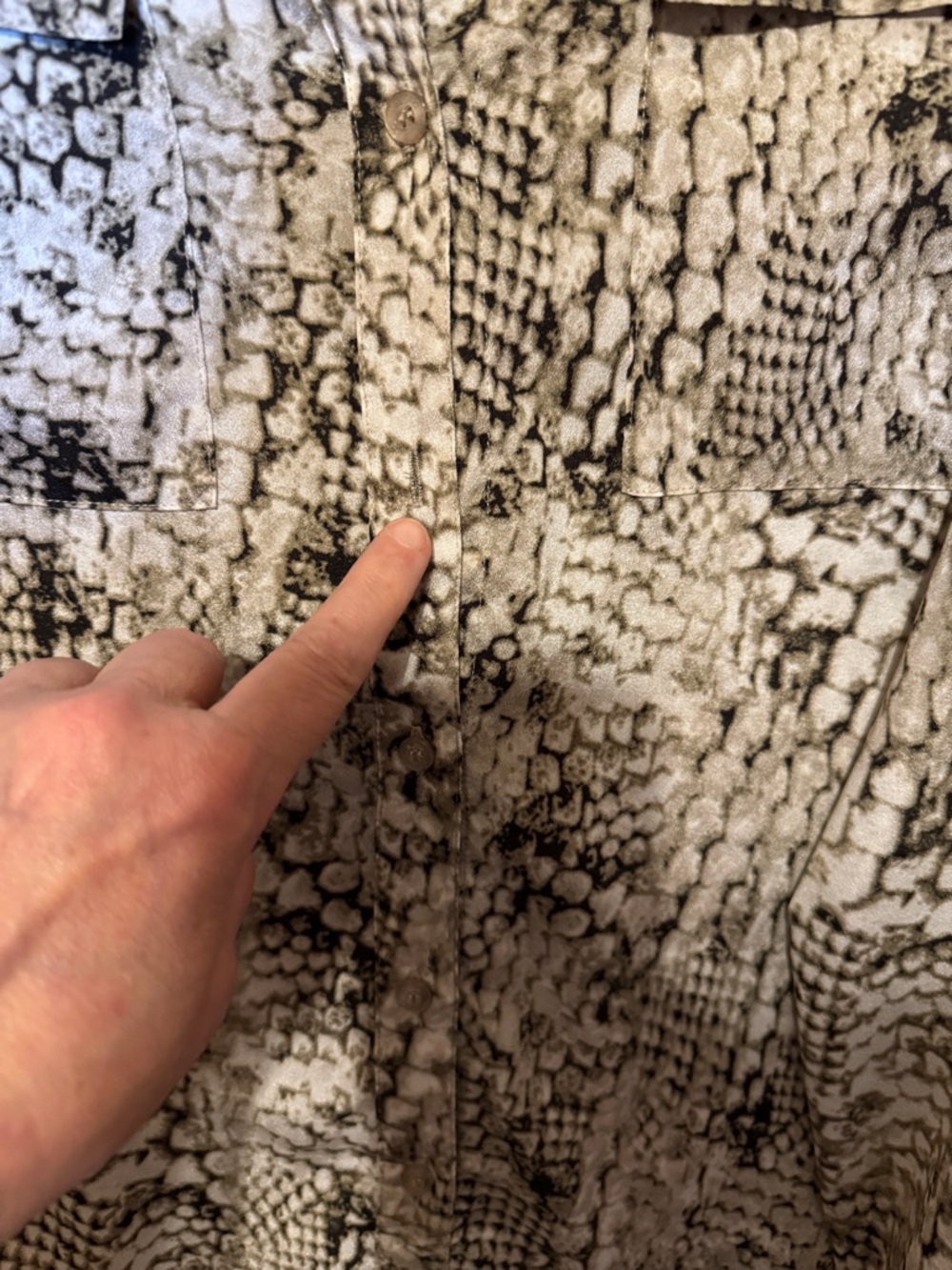 Calvin Klein Beige and Black Snakeskin Print V-Neck Blouse (missing one button) - Picture 3 of 6